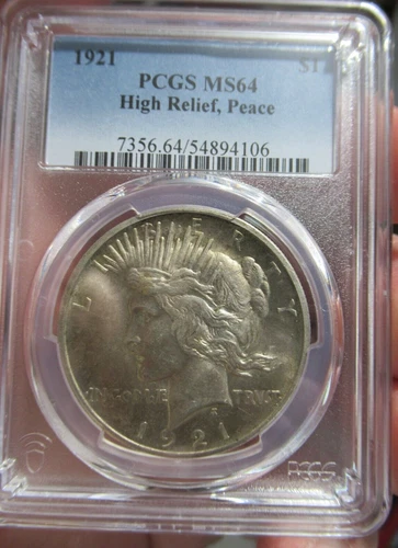 1921 High Relief Peace Dollar Silver $1 PCGS MS 64, Gorgeous Coin