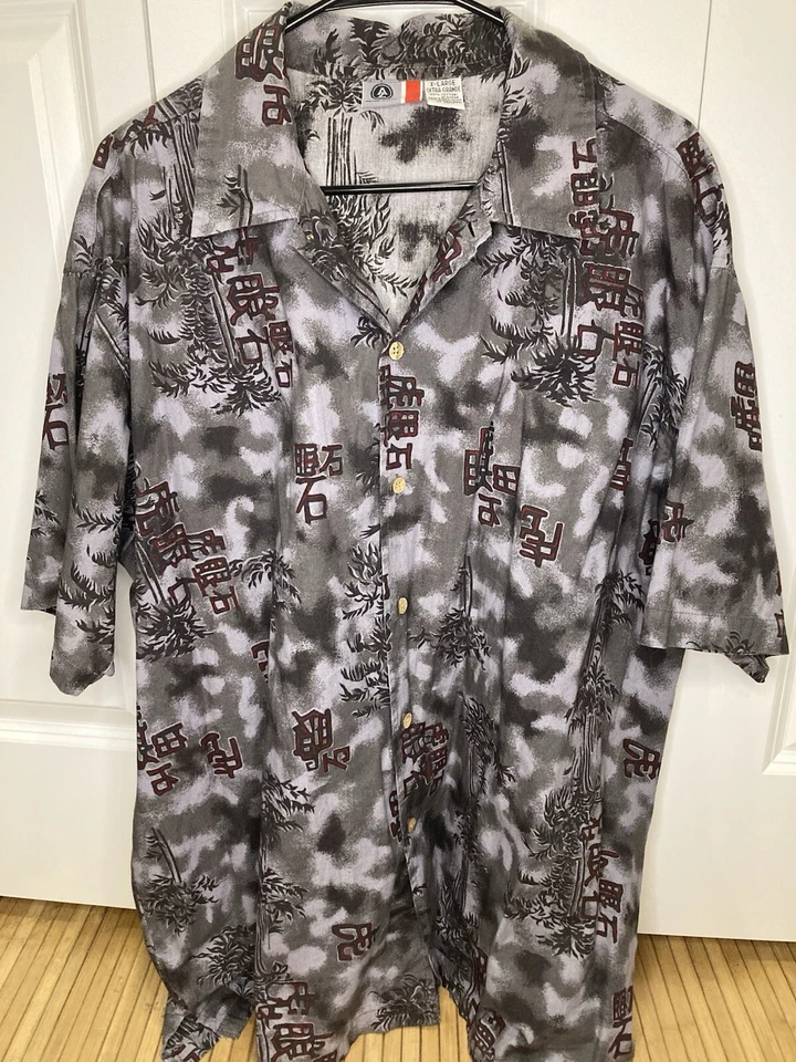 Camisa Hawaiana Vintage Y2K Arizona Jean Co Gris Estampado Kanji XL Para Hombres Manga Corta Foto 2 de 4