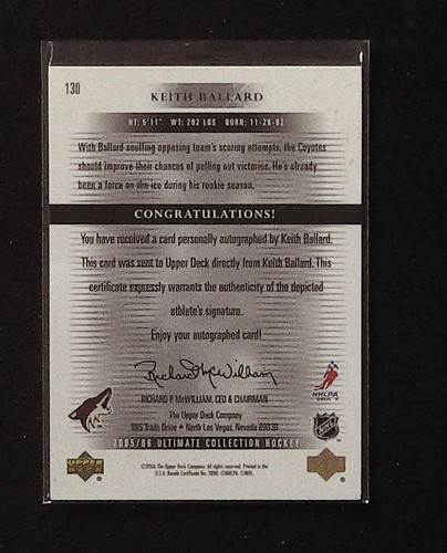 2005-06 Ultimate Collection #130 Keith Ballard Auto RC /399 SL@MAE2 - Picture 2 of 2