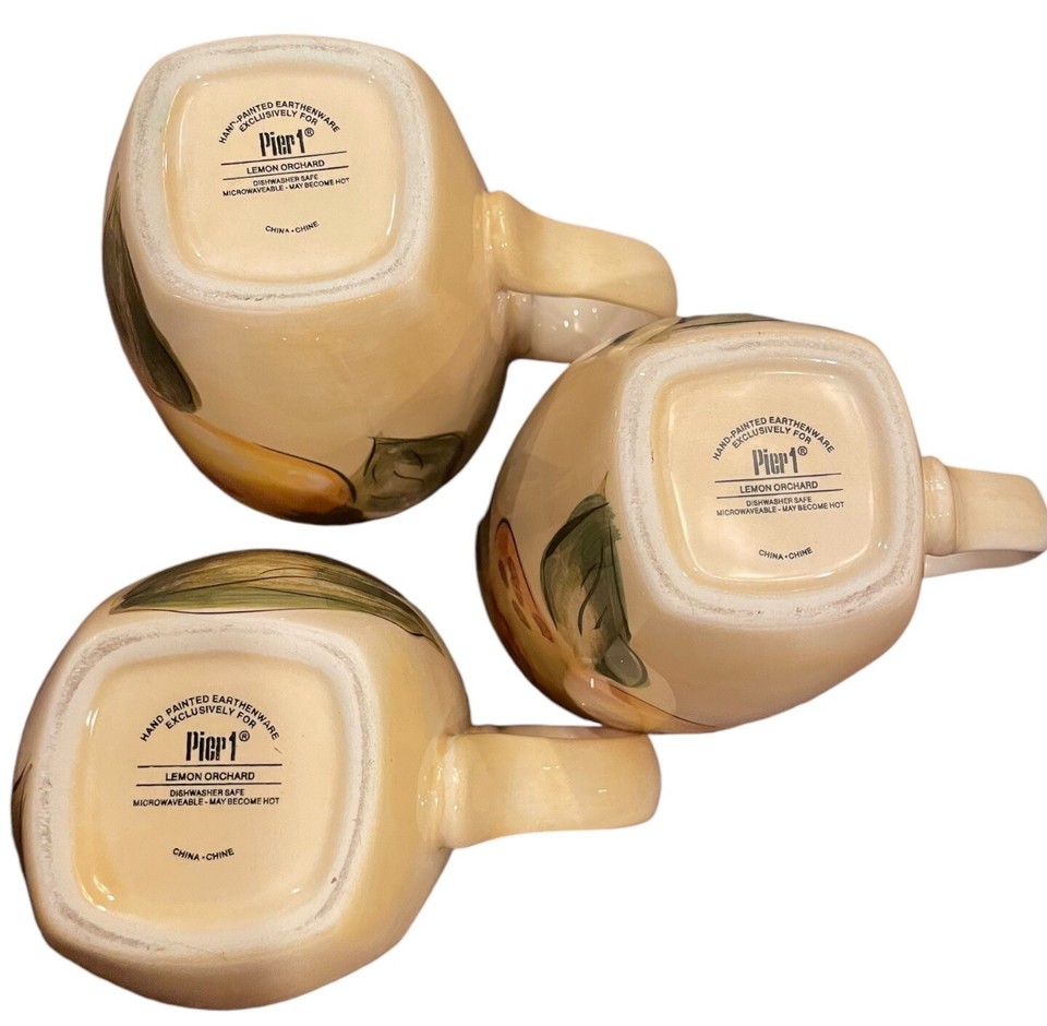 Pier 1 Lemon Orchard Coffee Tea Mugs Cups Set Of 3 Fruit Yellow Cottage