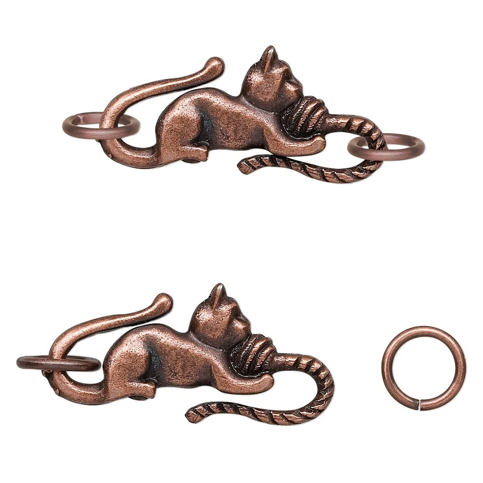 2 Sets Antiqued Copper Plated Pewter 29x13mm Cat Design S Hook Clasps w/ 2 Rings - Image 2 of 2