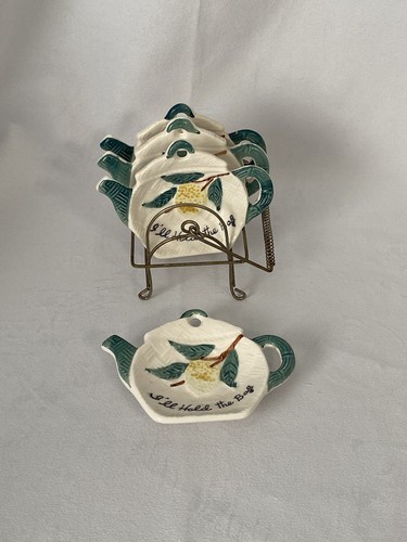 Vintage Ceramic Teabag Holders (4) with Metal Rack  with Lemon and teapot design - Picture 1 of 13