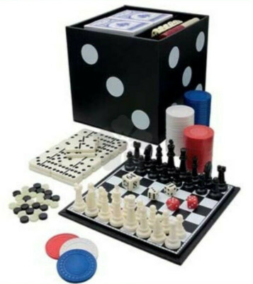 Spielewürfel 6 Spiele in 1 Würfelbox - Schachkarten Dominosteine Chips Backgammon Würfel