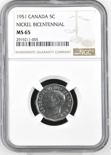 CANADA-SPECTACULAR GEORGE VI NICKEL BICENNTENIAL, 1951, NGC GRADED MS 65, KM#48