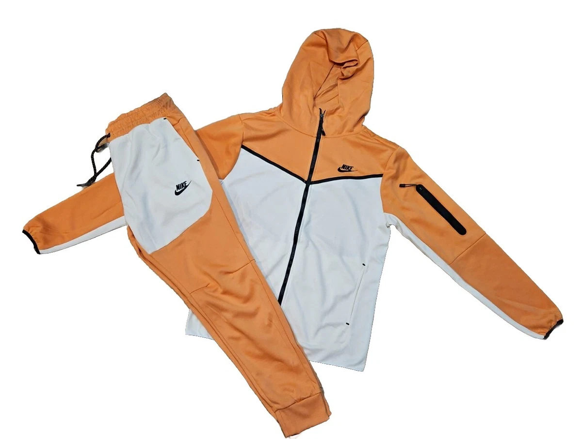 New Nike Tech Cotton Sweat Suit Zip Up Hoodie & Joggers Men's Set Orange 3XL