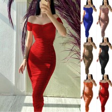 Sexy Womens Off Shoulder Ruched Bodycon Dress Evening Party Cocktail Ball Gown#