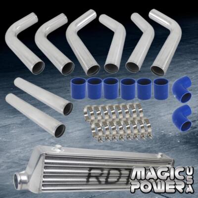 UNIVERSAL 2.5'' 8PC CHROME ALUMINUM PIPINGS + BLUE COUPLERS + CHROME INTERCOOLER
