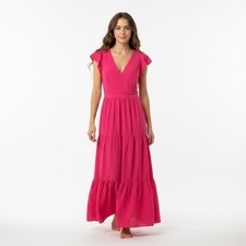Express Fuchsia  Pink Tiered Maxi Dress Flutter Sleeve V Neck XL Coquette Brunch