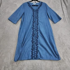 Go Softly Patio Women’s Cotton Blue Denim Lounge Dress Embroidered Pockets Sz M