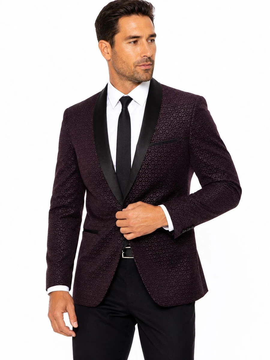 POLITIX Burnett Tuxedo Jacket Mens sz M Slim Fit Plum Velour Floral Print #hng