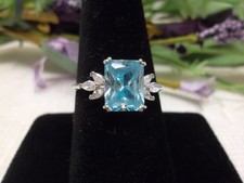 Emerald Cut Sterling Silver Sky Blue Topaz Ring w Marquise Cut Clear Stones 7.5