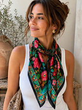 Women s Square Scarf Chiffon Rayon Black/Multicolor Floral Nature Print