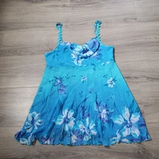 Y2K Babydoll Dress Womens Small Blue Floral Sundress Slip Sheer Layered Summer