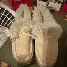Women s Beige/Gray Suede Moccasin Slip-On Slippers Faux Fur Bow EU 40