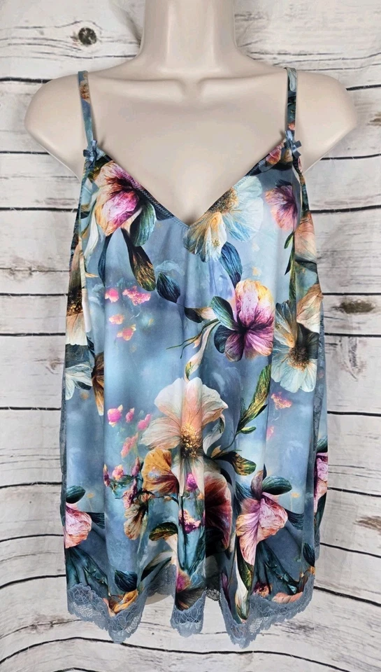 Cacique Blue Watercolor Floral Pajamas Set 18/20L Cami Pants Lace Trim - Image 2 of 4