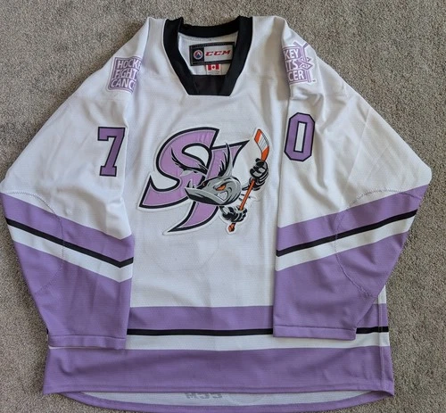 San Jose Barracuda Alexander True Game Worn Hockey Fights Cancer Jersey - 58