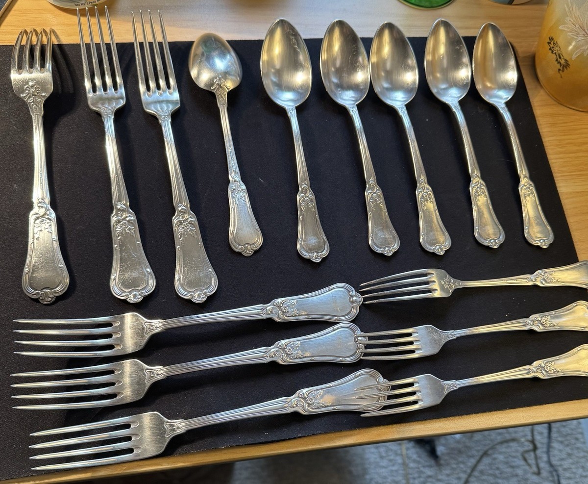 A Krupp Berndorf 45 90 Silver Plate Scroll Edge Alpaca 15 Pieces