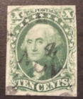 SCOTT #15  USED 1851 TYPE III GREEN WASHINGTON IMPERF STAMP w/ CORNER CREASE