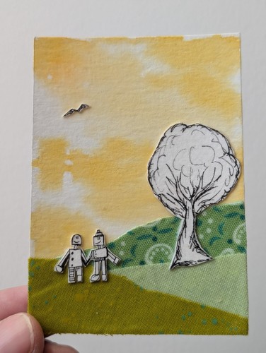 ACEO Original Art Mixed Media Robots in the Park Signed by artist Therecreative