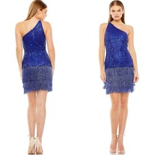 NEW MAC DUGGAL Cobalt Blue Sequin Fringe Flapper One Shoulder $698 Mini Dress 2