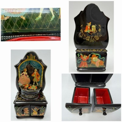 Palekh Russian Lacquer Cabinet Box Fairy Tale Nutcracker Scene Signed Denisenko