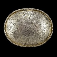 Vintage W Made in USA Silver Gold Tone Floral Engraved Western Oval Belt Buckle