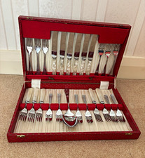 Sheffield England 24pc Vintage Cutlery Set, Knives Pearlised Handles, Red Case