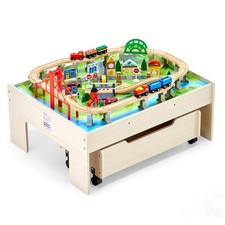 Train Table,100 Multicolor Pieces Wooden Kids Activity Table w/Rolling Storage D