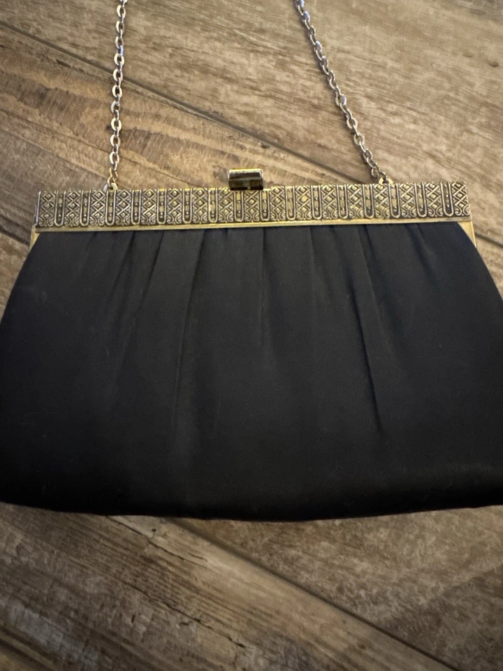 Bolso de noche vintage negro satinado con correa de cadena bolso sin asas Foto 2 de 4