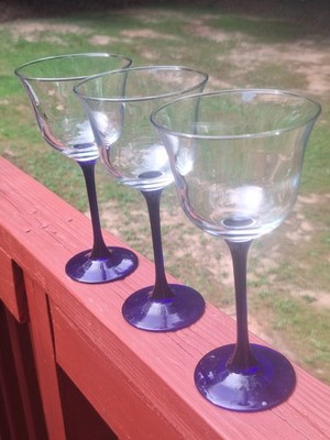 Luminarc Cobalt Blue Stem Tulip Shaped Clear Wine Glasses Set Of 3 - 7.5'' Tall