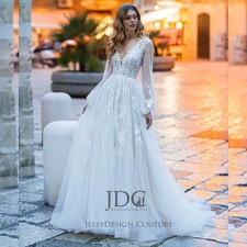 Illusion Balloon Sleeve Lace Wedding Dress Bridal Fashion Custom Made 32-60