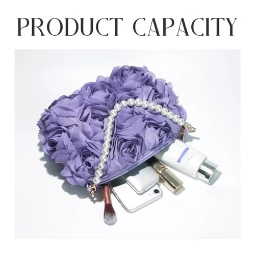 Cartera con embrague para mujer, bolso de mano de noche floral 3D de gasa, púrpura con cuentas perladas Foto 3 de 4