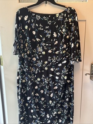 Chaps Midi Dress Womens 3X Navy Blue Floral Short Sleeve
