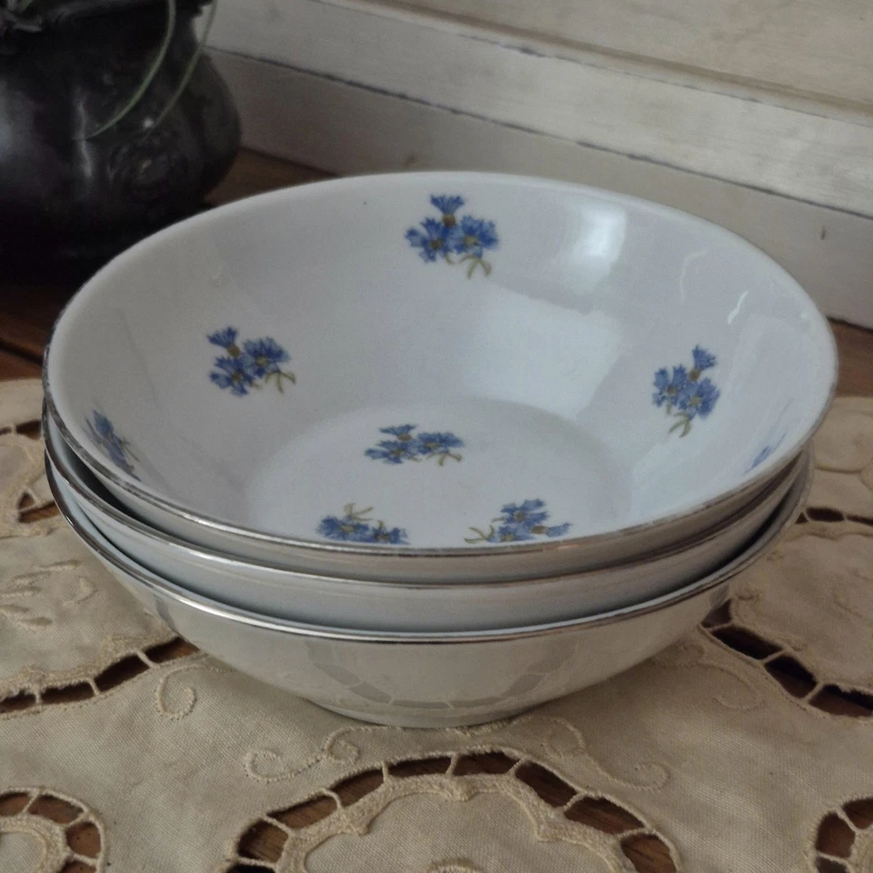 Vintage Polish China Chodziez Floral 5" Width Set Of 3 Blue White Silver Rimmed  - Image 2 of 4