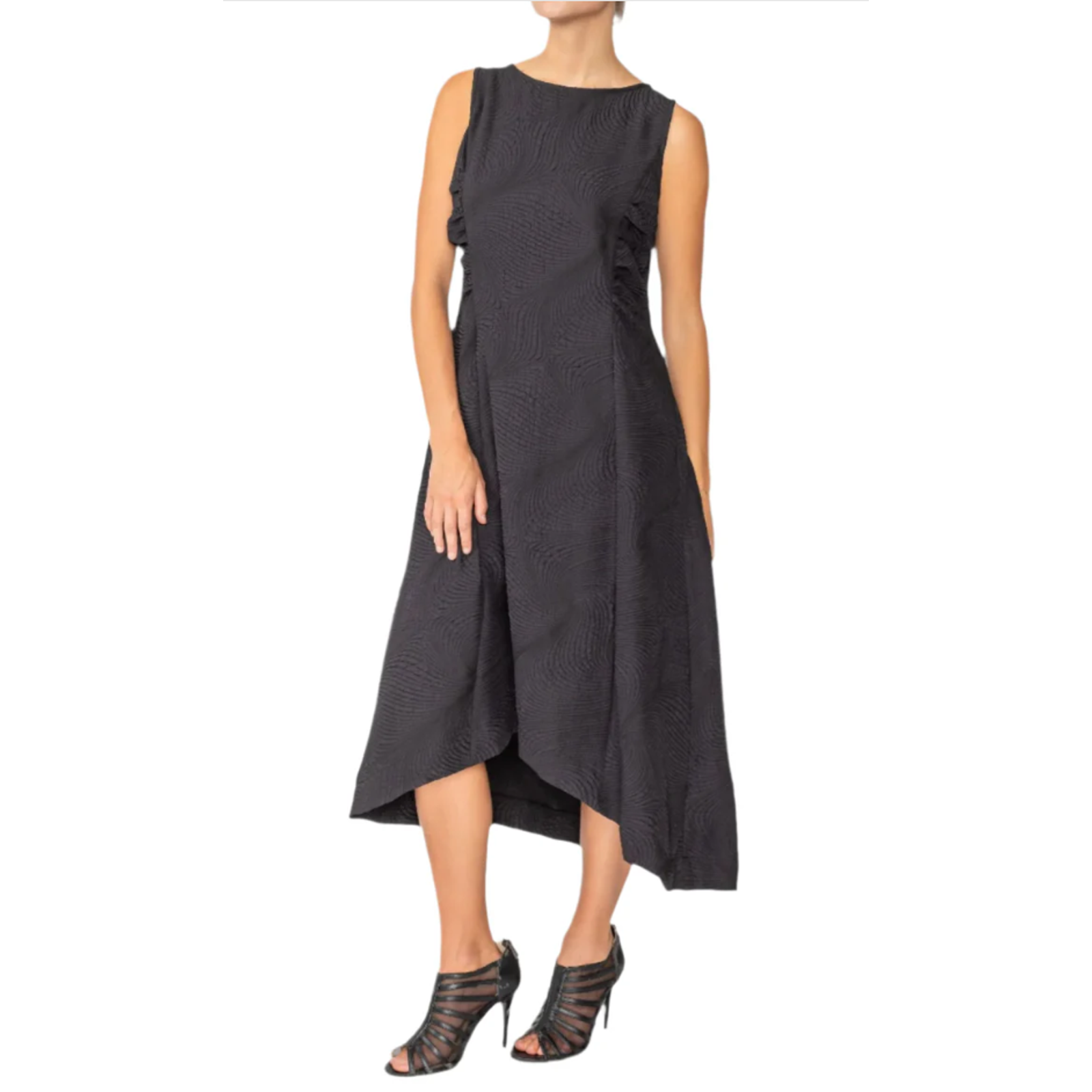 IC Collection Black Textured Fit Flare Midi Dress XL Side Ruche Hanky Hem NWT