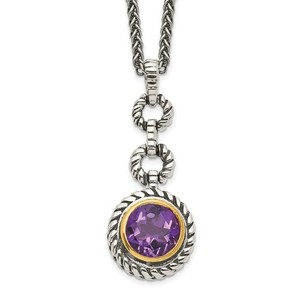 Authentic 925 Sterling Silver Gold-plated 18" Antiqued Round Bezel Amethyst Necklace