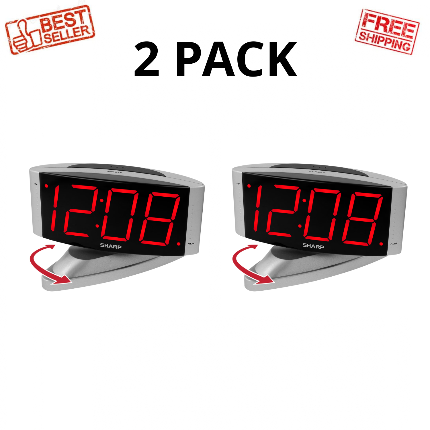 Silver Led Digital Clock Sharp SPC033D Digital Alarm Clock Red LED Display Silver Swivel Base, 2 ...