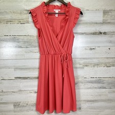 Caution To The Wind Womens Salmon Pink Ruffle V Neck Wrap Knee Length Dress XS