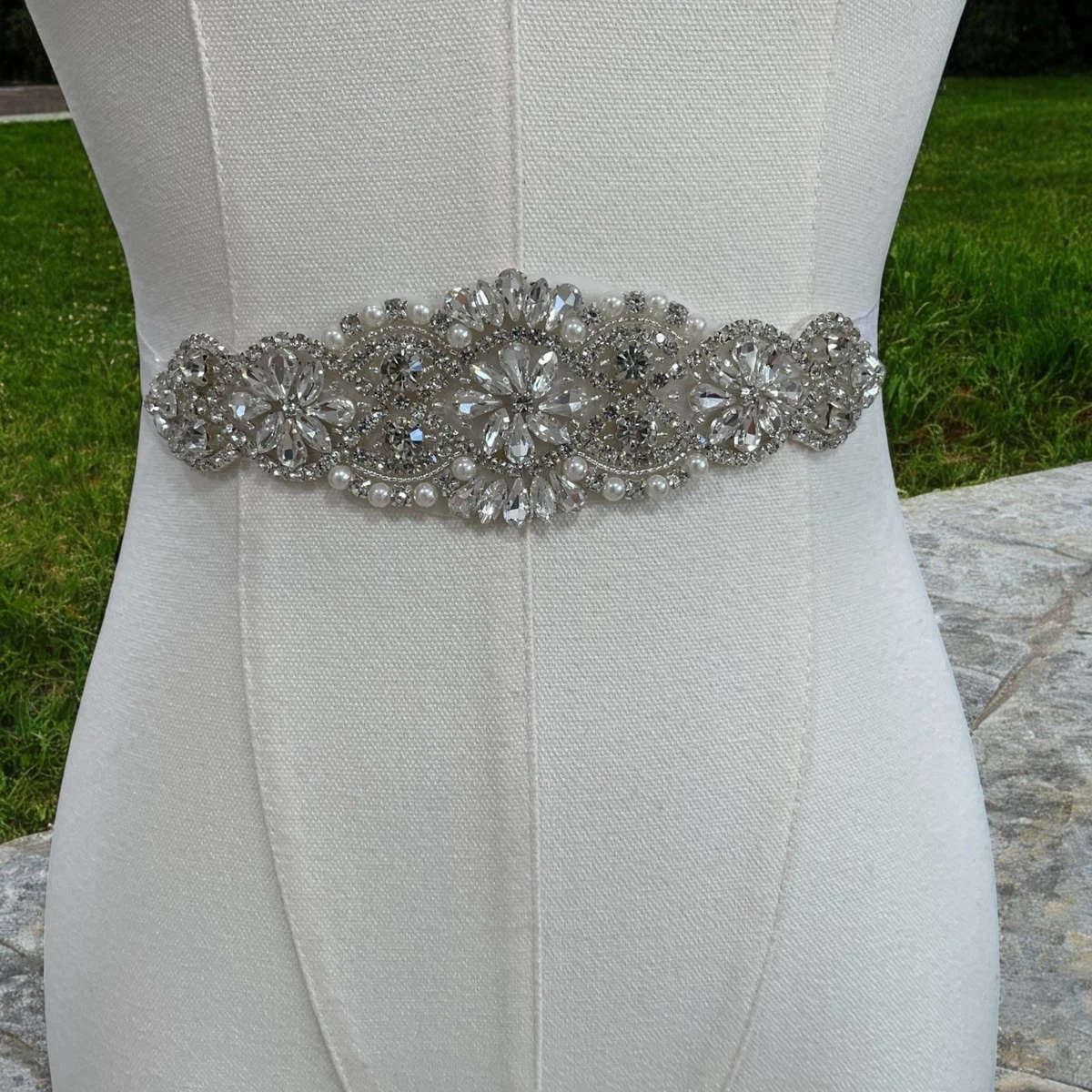Womens Cejon Satin Belt Tie Sash Embellished Bling Rhinestones Imitation Pearls Satin Rhinestone Belt - Etsy main image 2