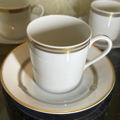 CHRISTOFLE Paris France Porcelain RUBAN OR Demitasse Cup & Saucer Set - 4 Avail.