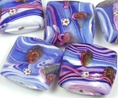 5 Handmade Lampwork Foil Pillow Beads "Blue Ocean" Square 16mm - image 1 of 3