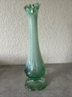 Vintage Fenton Lovely Cabbage Rose Green Opalescent Ruffled Edge 9” Vase