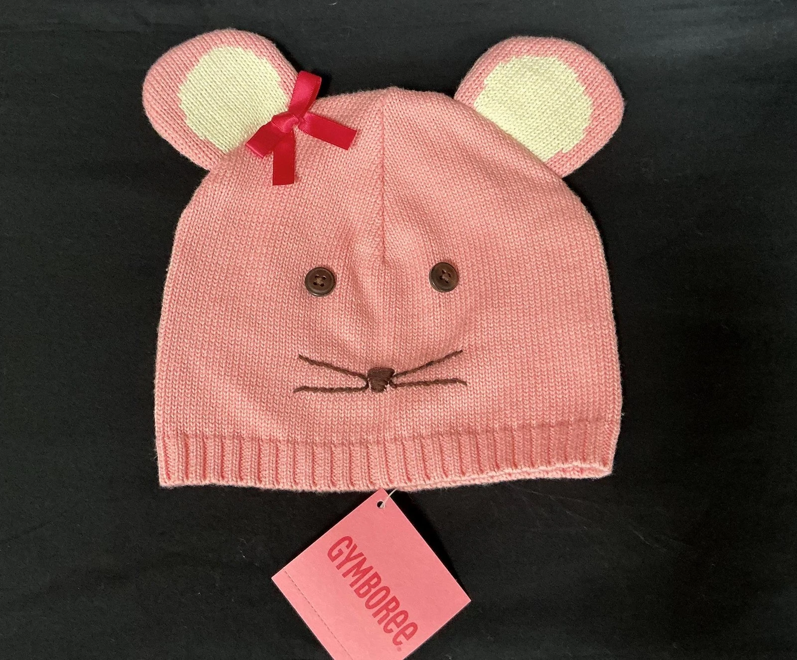 NWT Vtg Gymboree Mix & N and Match pink knit mouse face beanie cap hat 2T-5T
