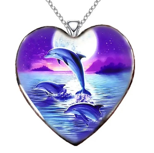 Dolphin Ocean Moon Heart Glass Pendant 925 Sterling Silver Chain Necklace Gift - Picture 4 of 7