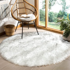 Fluffy White  Grey Circle Rug 5Ft Washable Faux Sheepskin for Home Decor