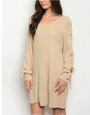 Petal Roz Sweater Dress Size Medium Lace Up Sleeve Long Sleeve Beige Color NWT