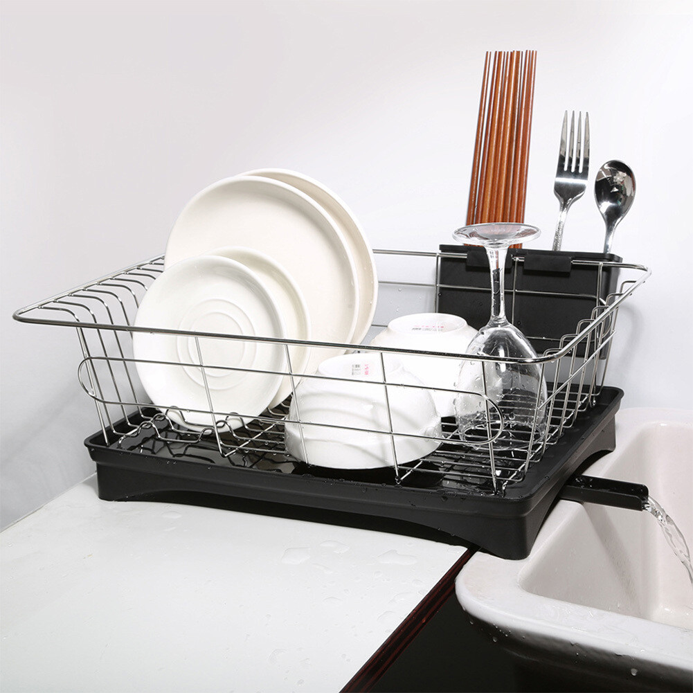Large Kitchen Sink Dish Drainer Rack With Drip Tray And Plate Cutlery Holder