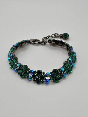 Givenchy Bijoux Bracelet Green Blue Crystal Rhinestone Gunmetal Statement Tennis