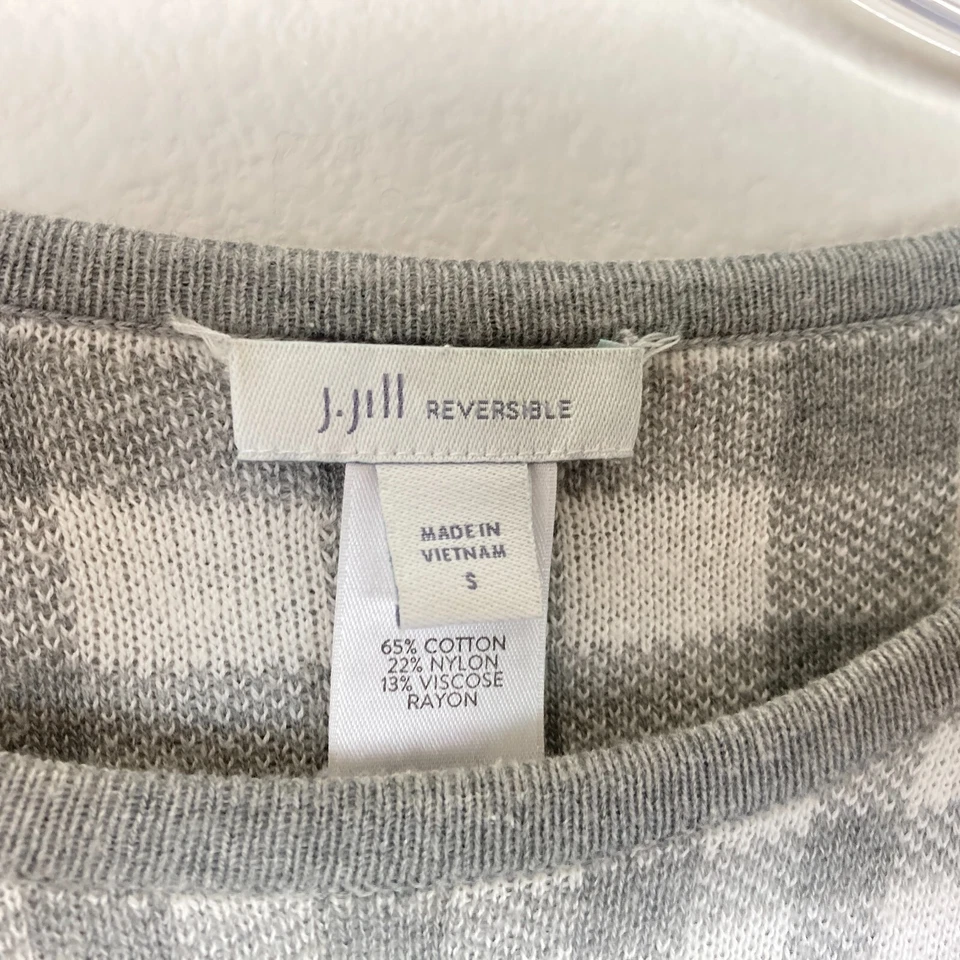 J. Jill Reversible Sweater Size S Gray White Check Gingham Cotton Blend Hi-Low - Image 2 of 4