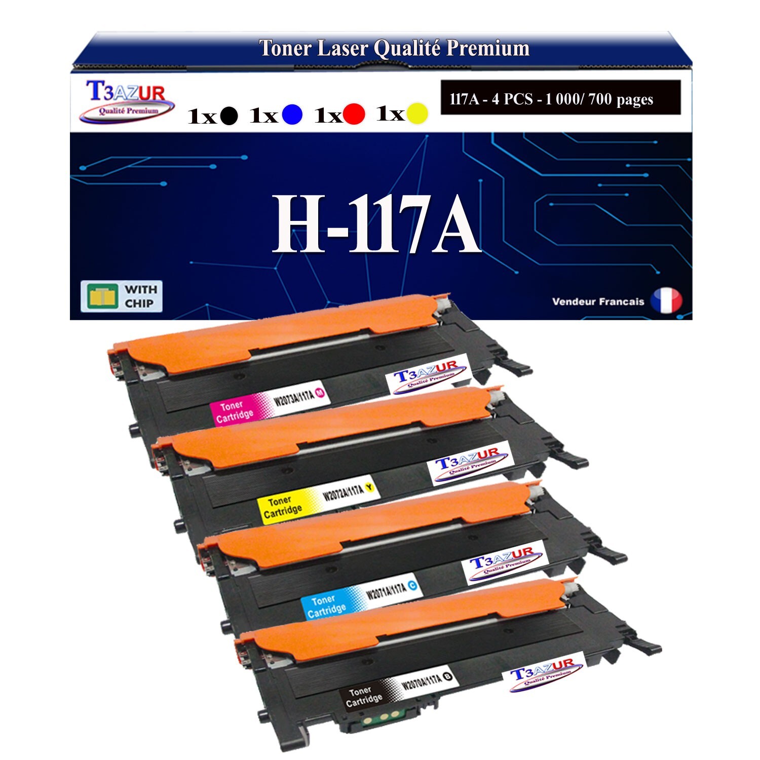 Pack 4 toners W2070A compatibles HP 117A impression haute netteté